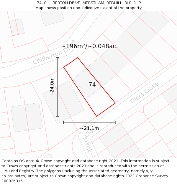 74, CHILBERTON DRIVE, MERSTHAM, REDHILL, RH1 3HP: Plot and title map