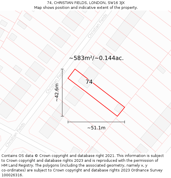 74, CHRISTIAN FIELDS, LONDON, SW16 3JX: Plot and title map