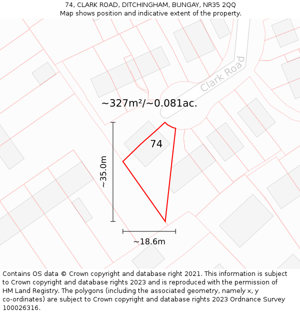 74, CLARK ROAD, DITCHINGHAM, BUNGAY, NR35 2QQ: Plot and title map