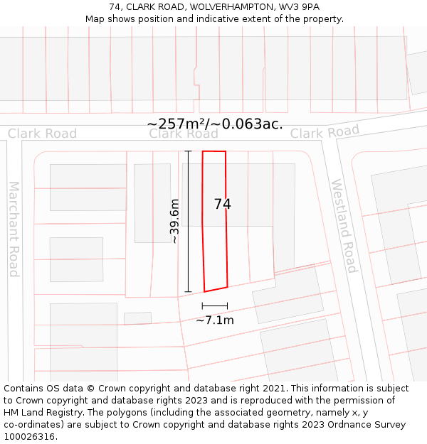 74, CLARK ROAD, WOLVERHAMPTON, WV3 9PA: Plot and title map