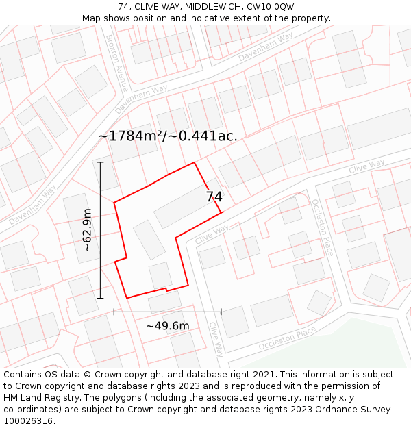 74, CLIVE WAY, MIDDLEWICH, CW10 0QW: Plot and title map