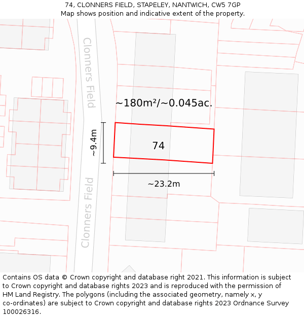 74, CLONNERS FIELD, STAPELEY, NANTWICH, CW5 7GP: Plot and title map