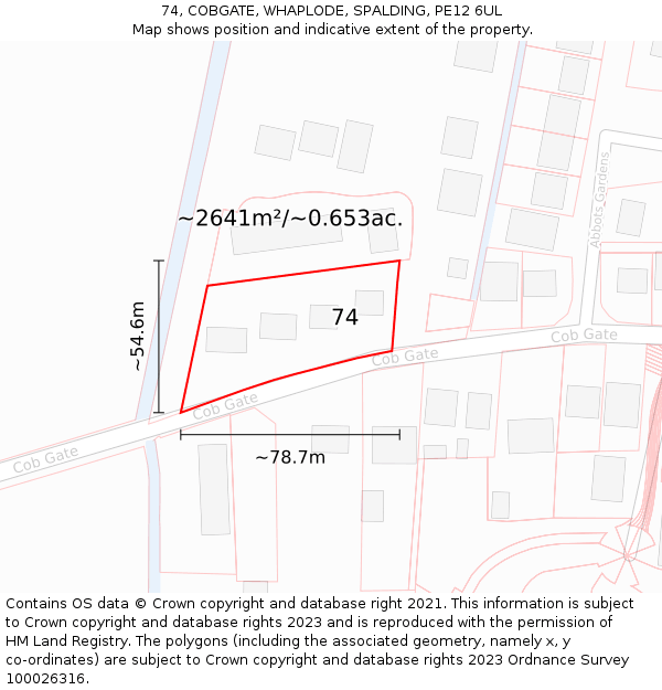 74, COBGATE, WHAPLODE, SPALDING, PE12 6UL: Plot and title map