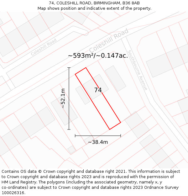 74, COLESHILL ROAD, BIRMINGHAM, B36 8AB: Plot and title map
