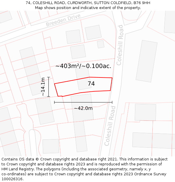 74, COLESHILL ROAD, CURDWORTH, SUTTON COLDFIELD, B76 9HH: Plot and title map