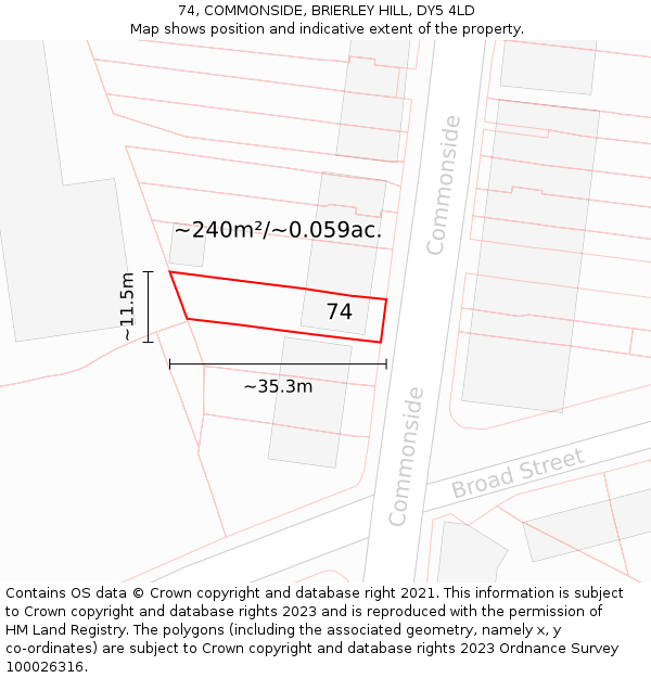74, COMMONSIDE, BRIERLEY HILL, DY5 4LD: Plot and title map