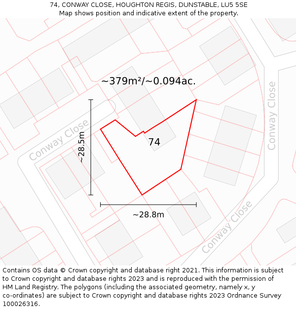 74, CONWAY CLOSE, HOUGHTON REGIS, DUNSTABLE, LU5 5SE: Plot and title map