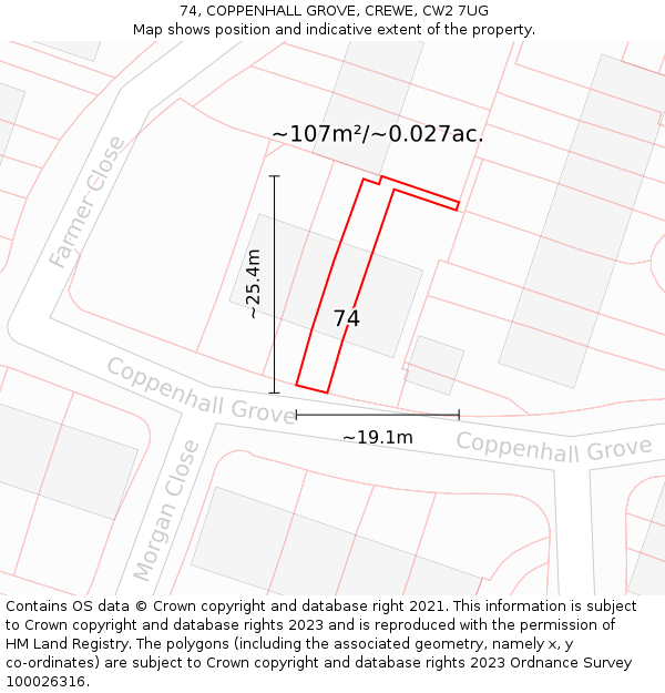 74, COPPENHALL GROVE, CREWE, CW2 7UG: Plot and title map