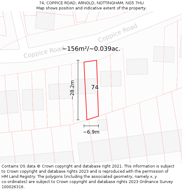 74, COPPICE ROAD, ARNOLD, NOTTINGHAM, NG5 7HU: Plot and title map
