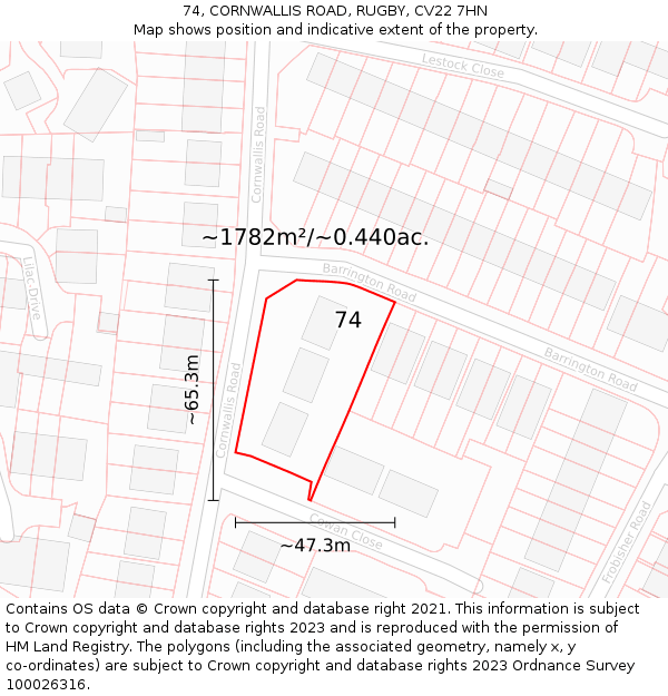 74, CORNWALLIS ROAD, RUGBY, CV22 7HN: Plot and title map