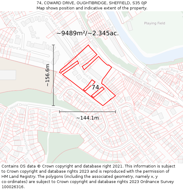 74, COWARD DRIVE, OUGHTIBRIDGE, SHEFFIELD, S35 0JP: Plot and title map