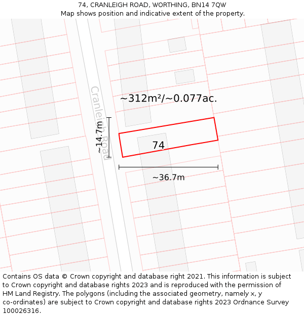 74, CRANLEIGH ROAD, WORTHING, BN14 7QW: Plot and title map