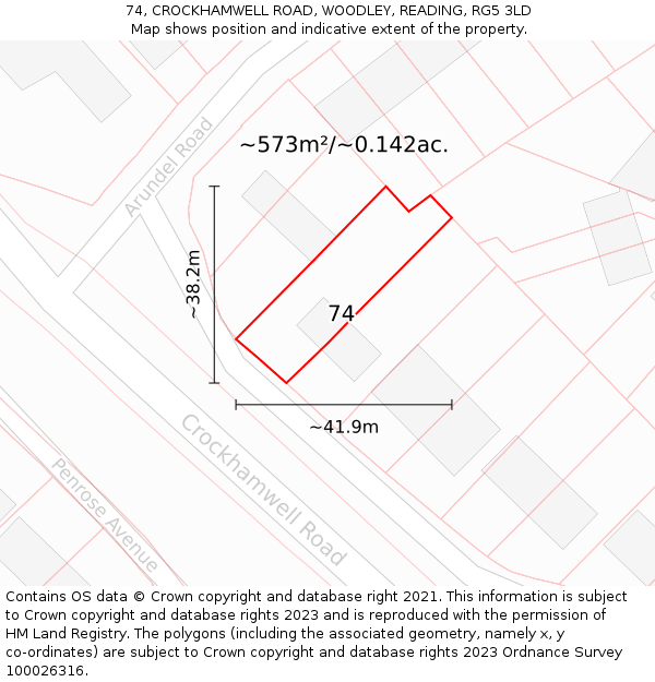 74, CROCKHAMWELL ROAD, WOODLEY, READING, RG5 3LD: Plot and title map