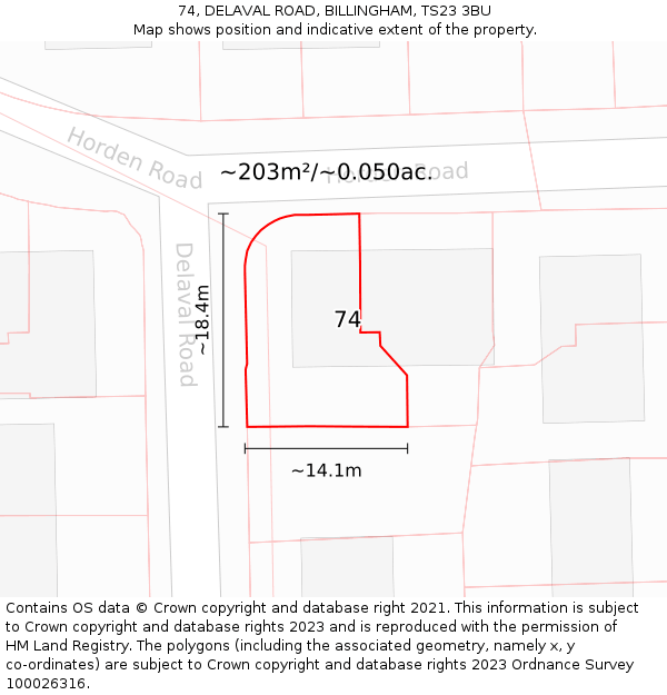 74, DELAVAL ROAD, BILLINGHAM, TS23 3BU: Plot and title map