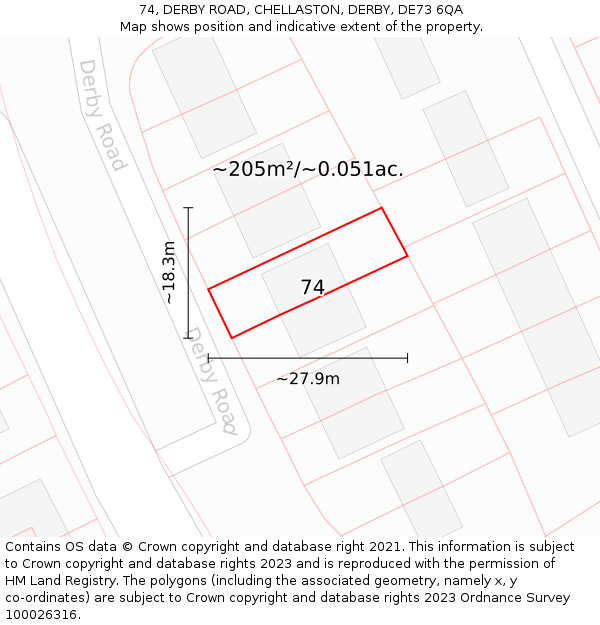 74, DERBY ROAD, CHELLASTON, DERBY, DE73 6QA: Plot and title map
