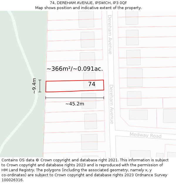 74, DEREHAM AVENUE, IPSWICH, IP3 0QF: Plot and title map