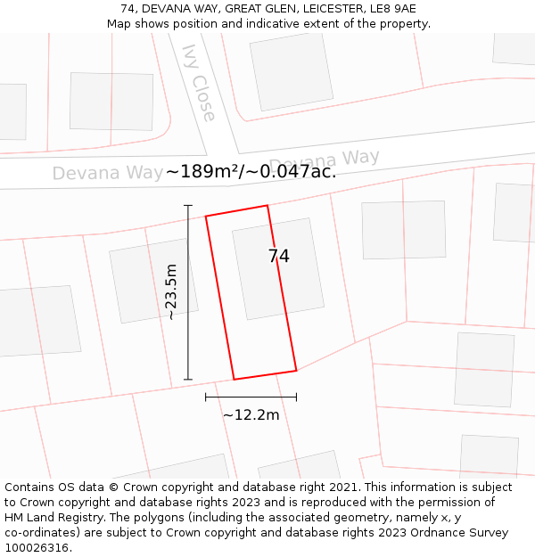 74, DEVANA WAY, GREAT GLEN, LEICESTER, LE8 9AE: Plot and title map