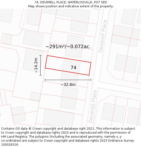 74, DEVERELL PLACE, WATERLOOVILLE, PO7 5ED: Plot and title map