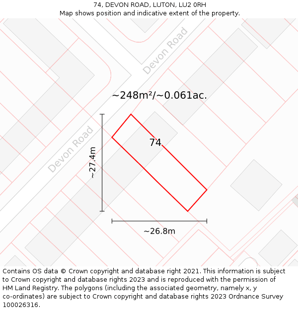 74, DEVON ROAD, LUTON, LU2 0RH: Plot and title map