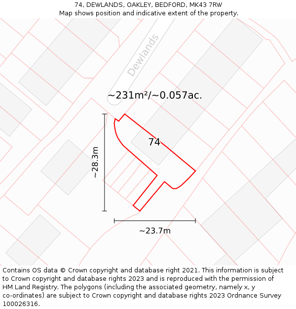 74, DEWLANDS, OAKLEY, BEDFORD, MK43 7RW: Plot and title map