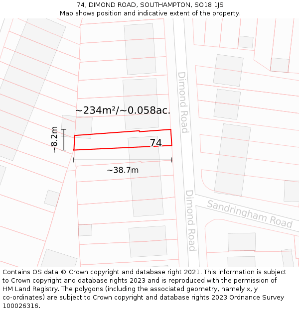 74, DIMOND ROAD, SOUTHAMPTON, SO18 1JS: Plot and title map