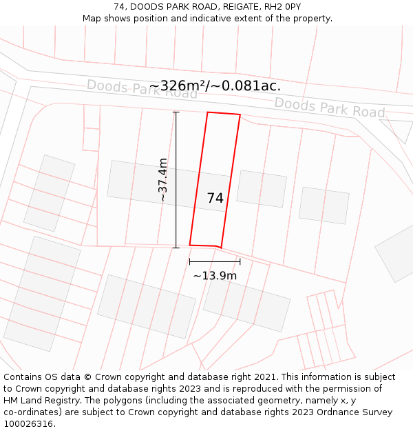 74, DOODS PARK ROAD, REIGATE, RH2 0PY: Plot and title map