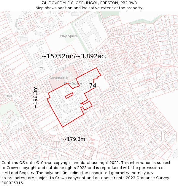 74, DOVEDALE CLOSE, INGOL, PRESTON, PR2 3WR: Plot and title map