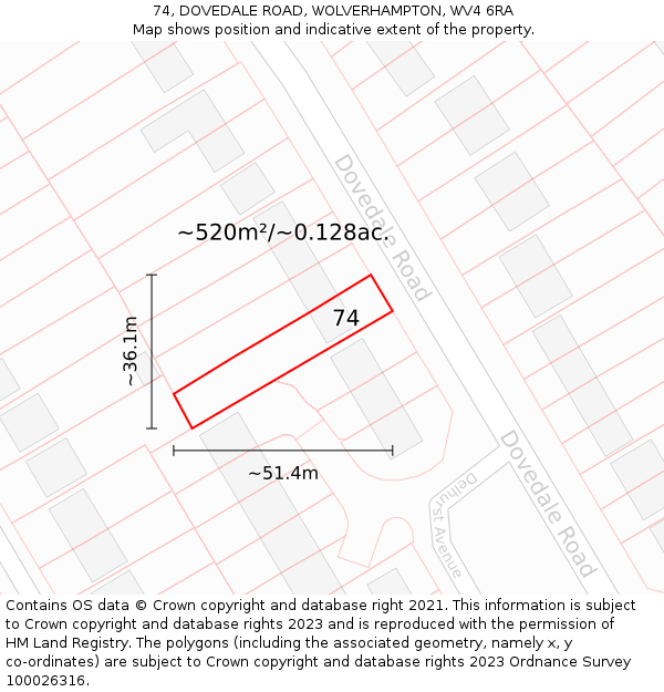 74, DOVEDALE ROAD, WOLVERHAMPTON, WV4 6RA: Plot and title map