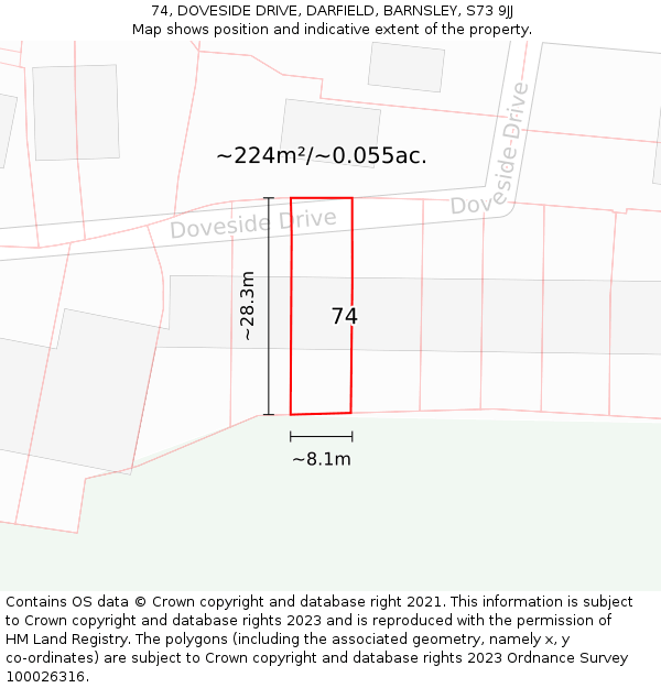 74, DOVESIDE DRIVE, DARFIELD, BARNSLEY, S73 9JJ: Plot and title map