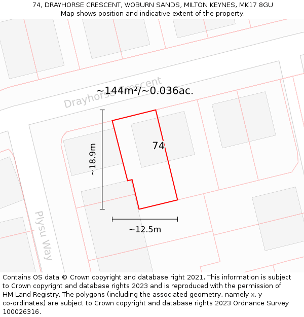 74, DRAYHORSE CRESCENT, WOBURN SANDS, MILTON KEYNES, MK17 8GU: Plot and title map