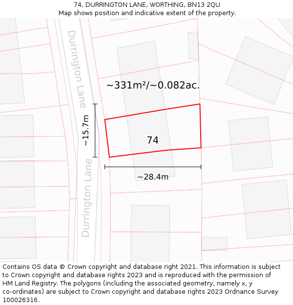 74, DURRINGTON LANE, WORTHING, BN13 2QU: Plot and title map