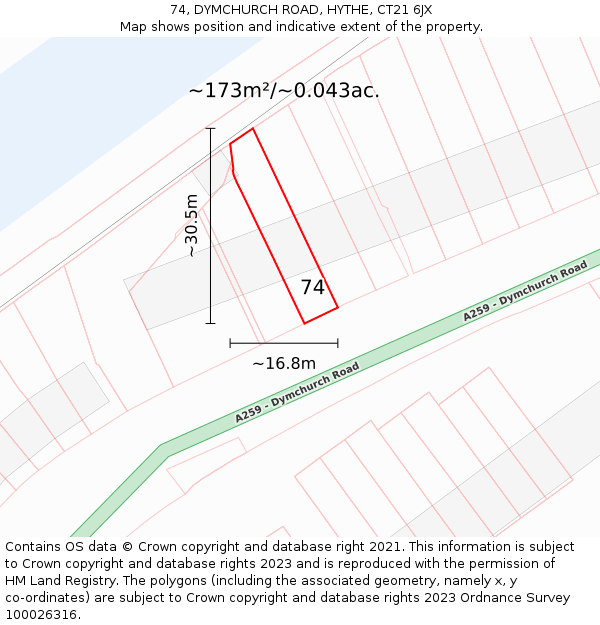 74, DYMCHURCH ROAD, HYTHE, CT21 6JX: Plot and title map