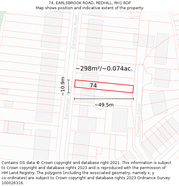 74, EARLSBROOK ROAD, REDHILL, RH1 6DP: Plot and title map