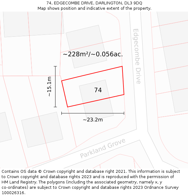 74, EDGECOMBE DRIVE, DARLINGTON, DL3 9DQ: Plot and title map