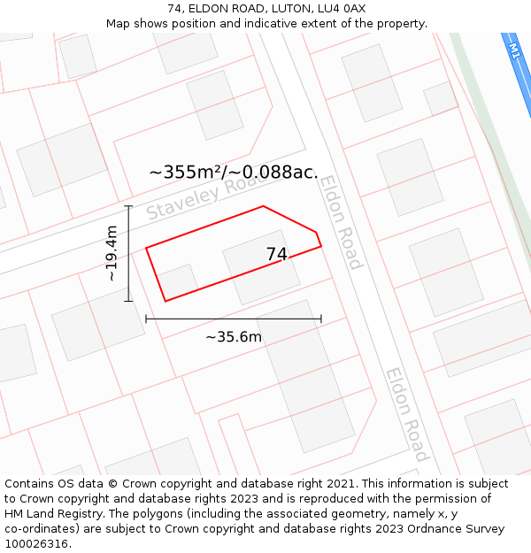 74, ELDON ROAD, LUTON, LU4 0AX: Plot and title map