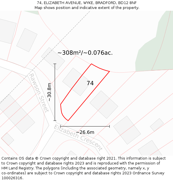 74, ELIZABETH AVENUE, WYKE, BRADFORD, BD12 8NF: Plot and title map