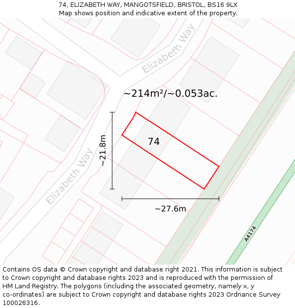74, ELIZABETH WAY, MANGOTSFIELD, BRISTOL, BS16 9LX: Plot and title map