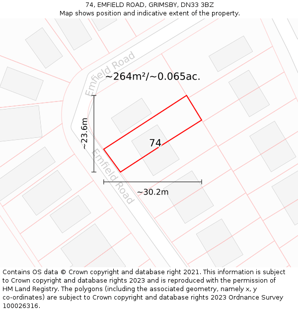 74, EMFIELD ROAD, GRIMSBY, DN33 3BZ: Plot and title map