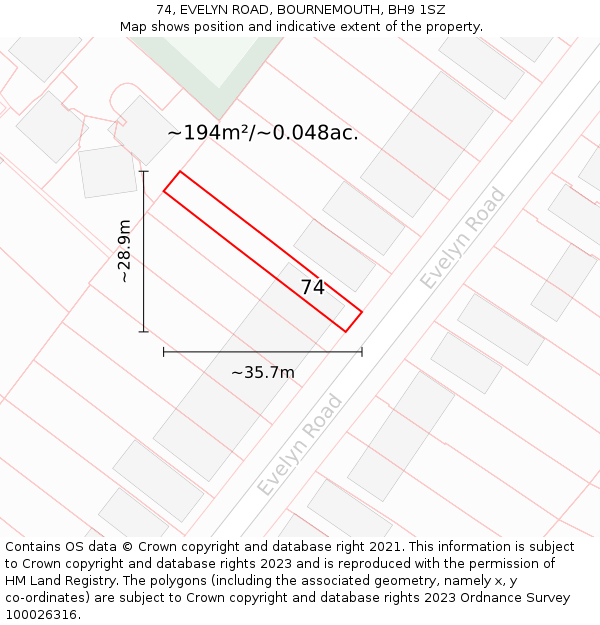 74, EVELYN ROAD, BOURNEMOUTH, BH9 1SZ: Plot and title map