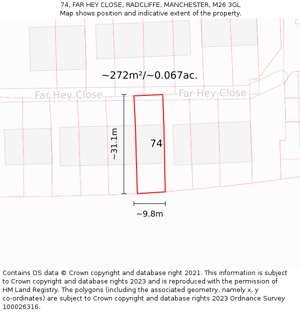 74, FAR HEY CLOSE, RADCLIFFE, MANCHESTER, M26 3GL: Plot and title map