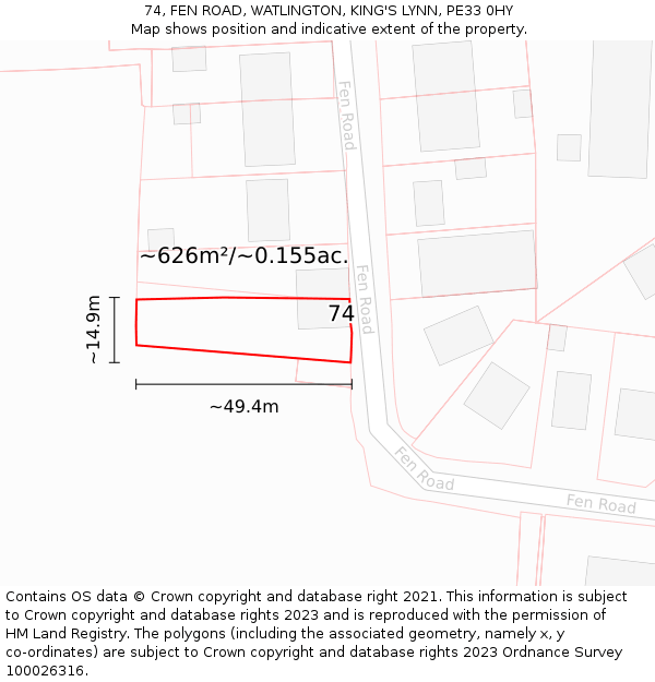 74, FEN ROAD, WATLINGTON, KING'S LYNN, PE33 0HY: Plot and title map