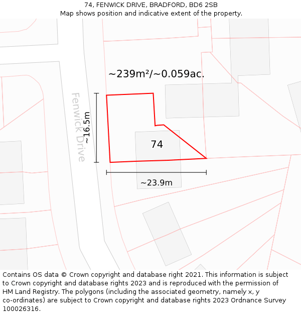 74, FENWICK DRIVE, BRADFORD, BD6 2SB: Plot and title map