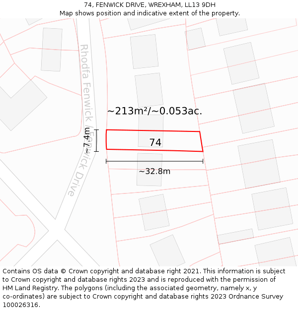 74, FENWICK DRIVE, WREXHAM, LL13 9DH: Plot and title map