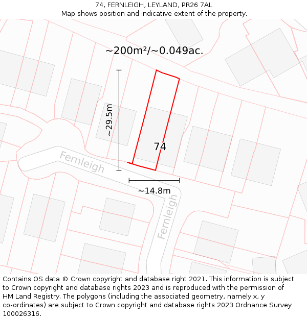 74, FERNLEIGH, LEYLAND, PR26 7AL: Plot and title map