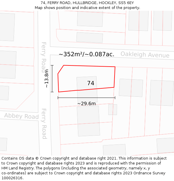 74, FERRY ROAD, HULLBRIDGE, HOCKLEY, SS5 6EY: Plot and title map