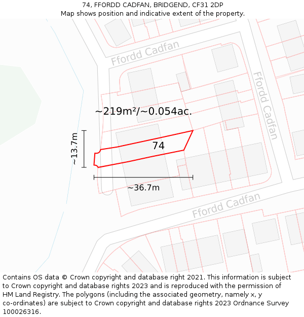 74, FFORDD CADFAN, BRIDGEND, CF31 2DP: Plot and title map