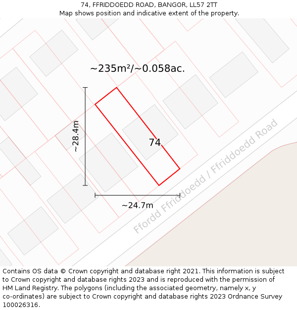 74, FFRIDDOEDD ROAD, BANGOR, LL57 2TT: Plot and title map