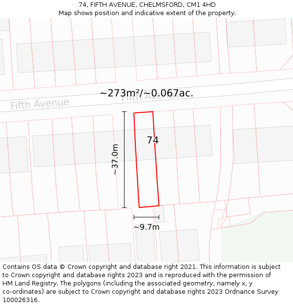 74, FIFTH AVENUE, CHELMSFORD, CM1 4HD: Plot and title map