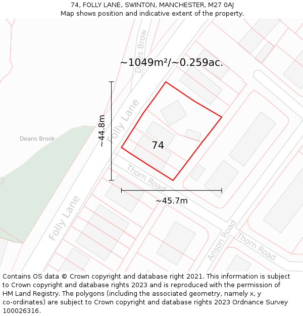 74, FOLLY LANE, SWINTON, MANCHESTER, M27 0AJ: Plot and title map