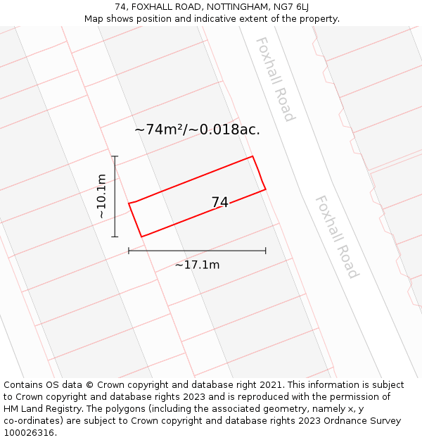 74, FOXHALL ROAD, NOTTINGHAM, NG7 6LJ: Plot and title map